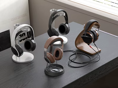 Stylish Over Ear Headphones on Display Stands with Various Designs on Wooden Table 3d model
