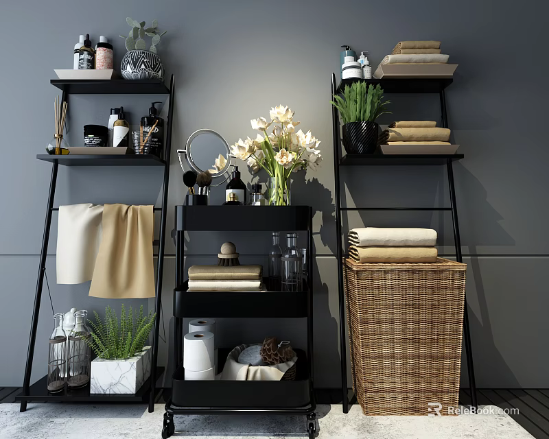 Modern Black Metal Shelving Units With Vases Plants Towels And Baskets 3d model 