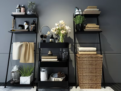 Modern Black Metal Shelving Units With Vases Plants Towels And Baskets 3d model