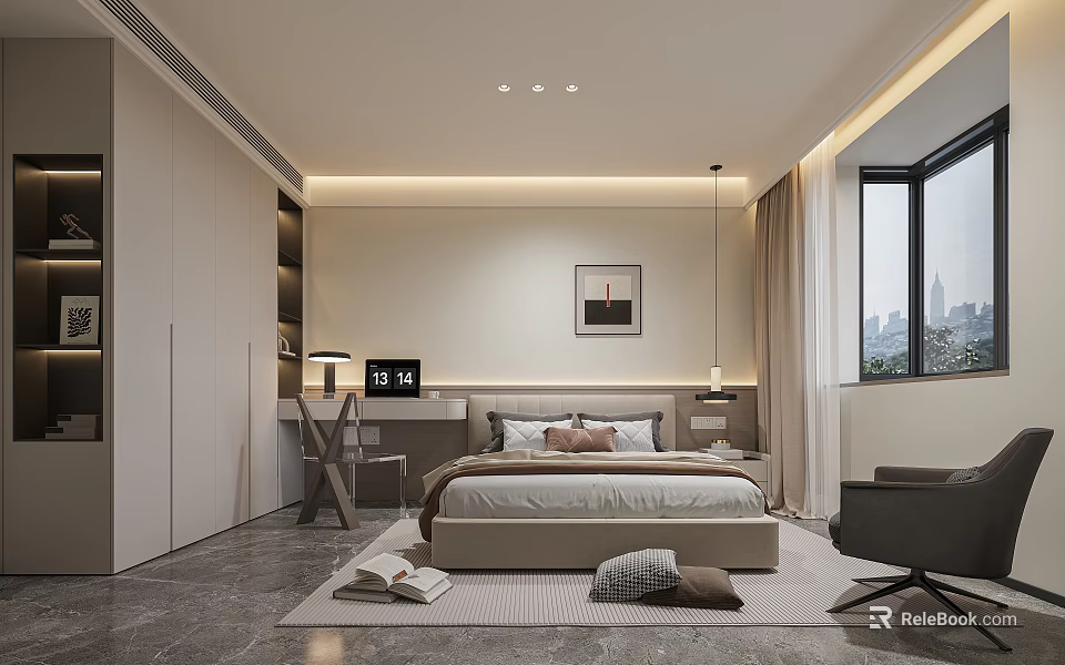 Modern Bedroom Interior With Bed Wardrobe Artwork And City View Window 3d model 