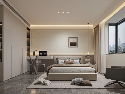 Modern Bedroom Interior With Bed Wardrobe Artwork And City View Window 3d model