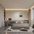 Modern Bedroom Interior With Bed Wardrobe Artwork And City View Window