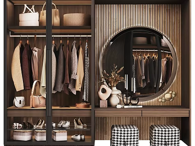 Elegant Modern Closet Interior With Hanging Clothes Storage Shelves Round Mirror Bags And Shoes 3d model