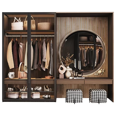 Elegant Modern Closet Interior With Hanging Clothes Storage Shelves Round Mirror Bags And Shoes 3d model
