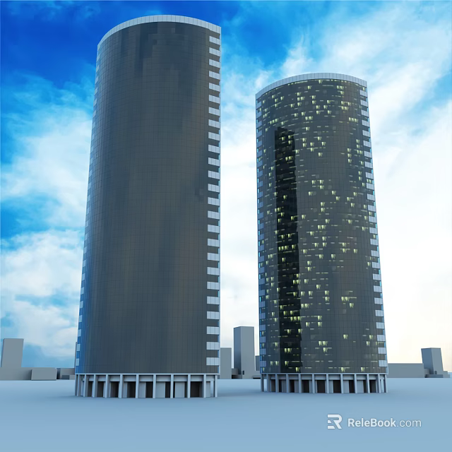 Modern Office Building With Glass Facade And Lighting In Blue Sky And Clouds 3d model 