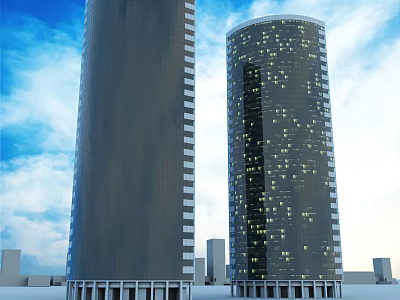 Modern Office Building With Glass Facade And Lighting In Blue Sky And Clouds 3d model