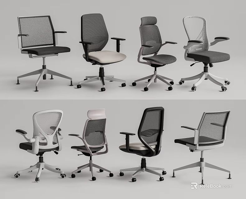 Ergonomic Modern Office Chairs With Mesh Backs Various Styles Gray And White 3d model