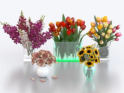 Colorful Glass Vases With Orchids Tulips Sunflowers And Scattered Petals On Tabletop 3d model