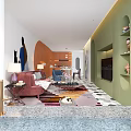Modern Living And Dining Room Interior With Pink Sofa Blue Armchair And Colorful Striped Rug