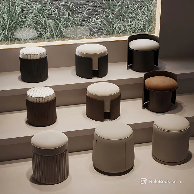 Various Designed Stools With Fabric Seats And Wooden Bases On 3d model 