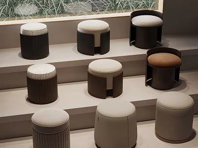 Various Designed Stools With Fabric Seats And Wooden Bases On 3d model