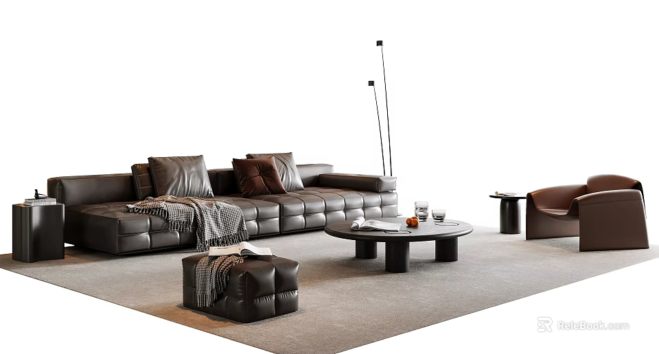 Elegant Modern Leather Sofa Coffee Table Set With Dark Brown Round Table Ottoman And Rug 3d model 