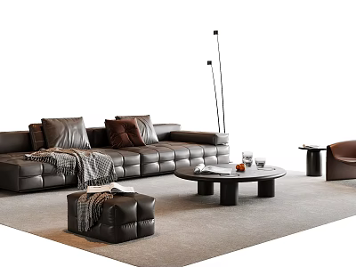 Elegant Modern Leather Sofa Coffee Table Set With Dark Brown Round Table Ottoman And Rug 3d model