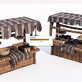 Traditional Wooden Market Stalls With Striped Canopies And Handcrafted Bowls Baskets