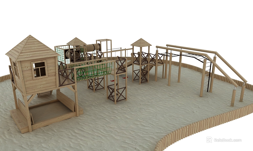 Outdoor Wooden Playground Equipment With Climbing Frames Slides Cabin And Platforms 3d model 