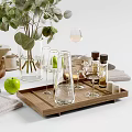 Stylish Tableware Set With Wooden Trays Glassware Plates Napkins Apples And Greenery