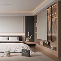 Modern Bedroom Interior Design With White Bedding Black Headboard Floor Lamp And Glass Wardrobe