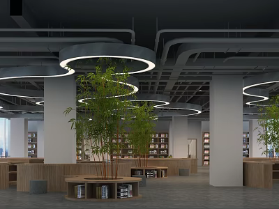 Modern Library Interior With Bookshelves Green Plants And Circular Lights 3d model