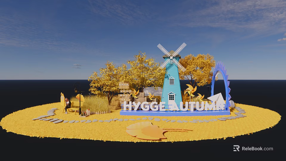 Hygge Autumn Themed Photo Spot With Blue Windmill Yellow Trees Small House And Arch 3d model 