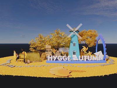 Hygge Autumn Themed Photo Spot With Blue Windmill Yellow Trees Small House And Arch 3d model