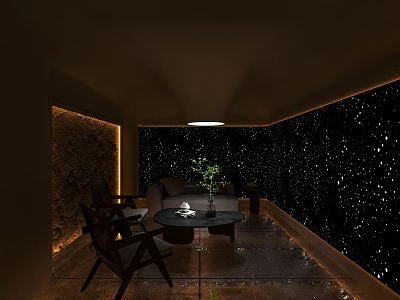 Private Box Interior With Dark Furniture Sofa Chairs Round Coffee Table And Starry Sky Backdrop 3d model