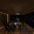 Private Box Interior With Dark Furniture Sofa Chairs Round Coffee Table And Starry Sky Backdrop