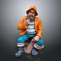 Fisherman Statue Wearing Orange Jacket Striped Shirt Holding Pipe With Fish In Net Bag