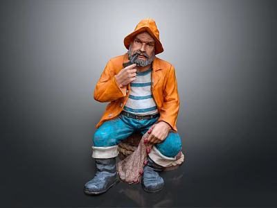 Fisherman Statue Wearing Orange Jacket Striped Shirt Holding Pipe With Fish In Net Bag 3d model
