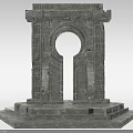 Stone Entrance Gate With Arch Design And Carved Details On Pedestal Base