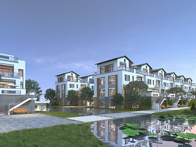 Modern Townhouse Community With Lush Greenery Water Feature And Courtyard 3d model