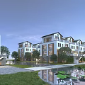 Modern Townhouse Community With Lush Greenery Water Feature And Courtyard