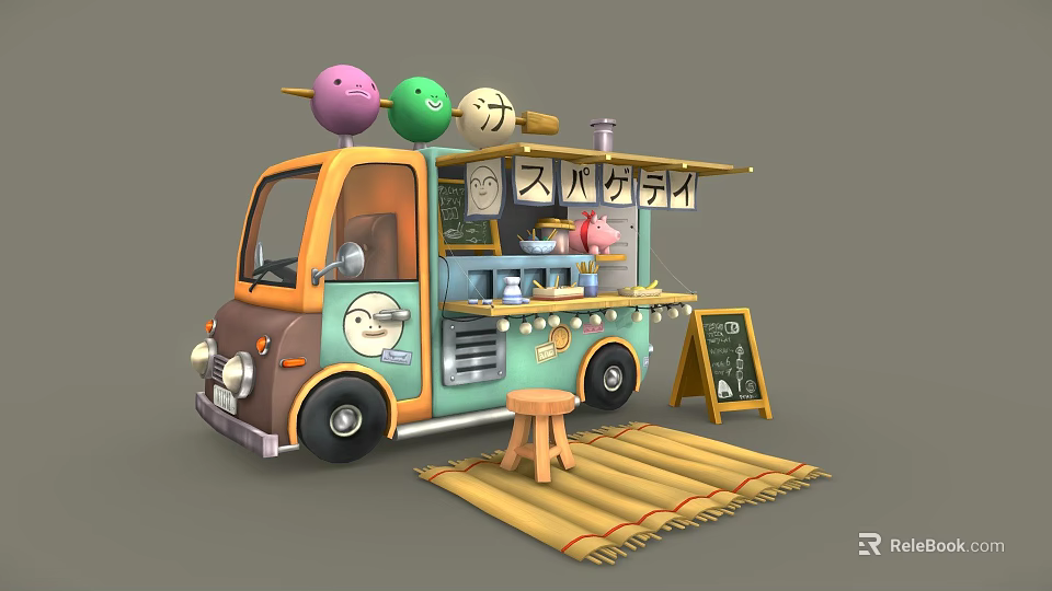 Cartoon Food Truck With Colorful Ice Cream Balls Japanese Sign Stool And Mat 3d model 