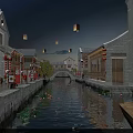 Ancient Architecture Night View With Waterway Floating Lanterns And Lit Buildings Reflections