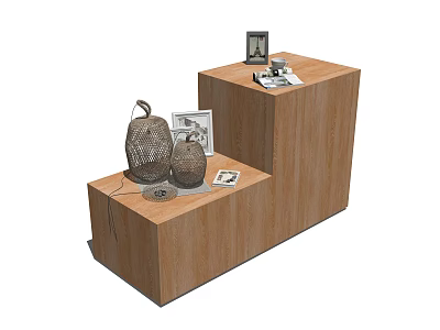 Wooden Bedside Tables With Woven Lampshades Photo Frames And Books 3d model