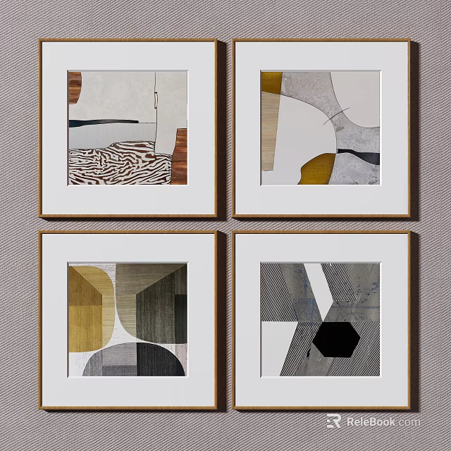 Modern Abstract Art Prints With Geometric Patterns Zebra Print And Gold Frames 3d model