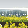 Scenic Rural Landscape With Yellow Flower Field White Frame Hanging Spherical Decorations And Wooden Platform