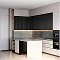 Modern Kitchen Interior With Gray Cabinets Island Counter Black Vertical Striped Backsplash And Appliances