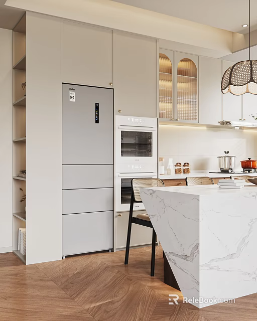 Modern Living Dining Room Interior With Open Layout Marble Counter And White Cabinets 3d model 