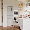 Modern Living Dining Room Interior With Open Layout Marble Counter And White Cabinets