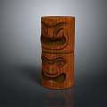 Natural Landscape Featuring Wooden Totem Pole With Two Stacked Face Carvings And Reflection