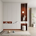 Modern Entryway Hallway Interior With White Cabinets Marble Countertop Round Light And Decorative Rabbit Figurine