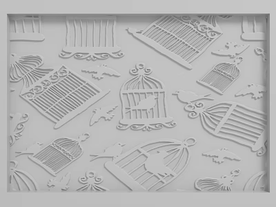 White Embossed Background Wall Design With Intricate Birdcages And Decorative Patterns 3d model