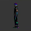Edgy Cyberpunk Character With Purple Hair Bandana Black Leather Jacket Neon Green Purple Details