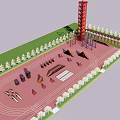 Outdoor Obstacle Training Area With Red Surface Climbing Tower Obstacles And Trees Near Ocean