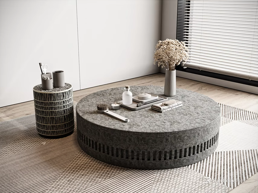 Modern Round Gray Coffee Table With Vase Books And Side Table In Interior 3d model