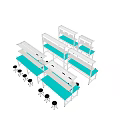 Functional Worktables With Upper Shelves Blue Worktops And Rolling Stools For Workshop Use