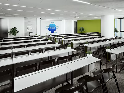 Modern Conference Room Interior With Arranged Tables Chairs Whiteboard Green Wall And Plants 3d model