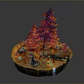 Vibrant Forest Landscape With Red Orange Trees Small Stream Rocks And Green Plants