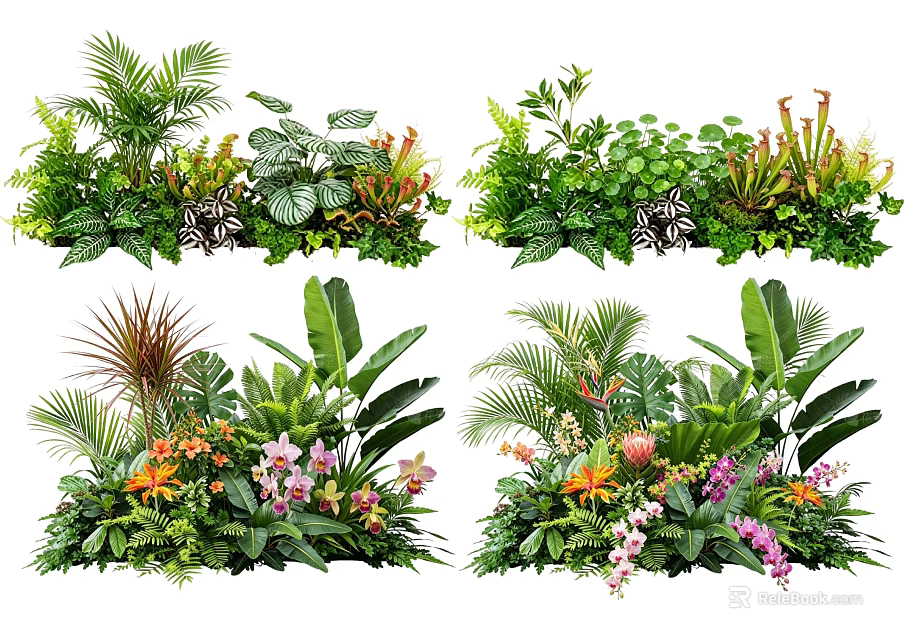 Lush Plant Combinations With Tropical Green Leaves Colorful Flowers And Ferns For Decorative Design 3d model 