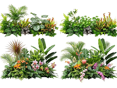 Lush Plant Combinations With Tropical Green Leaves Colorful Flowers And Ferns For Decorative Design 3d model